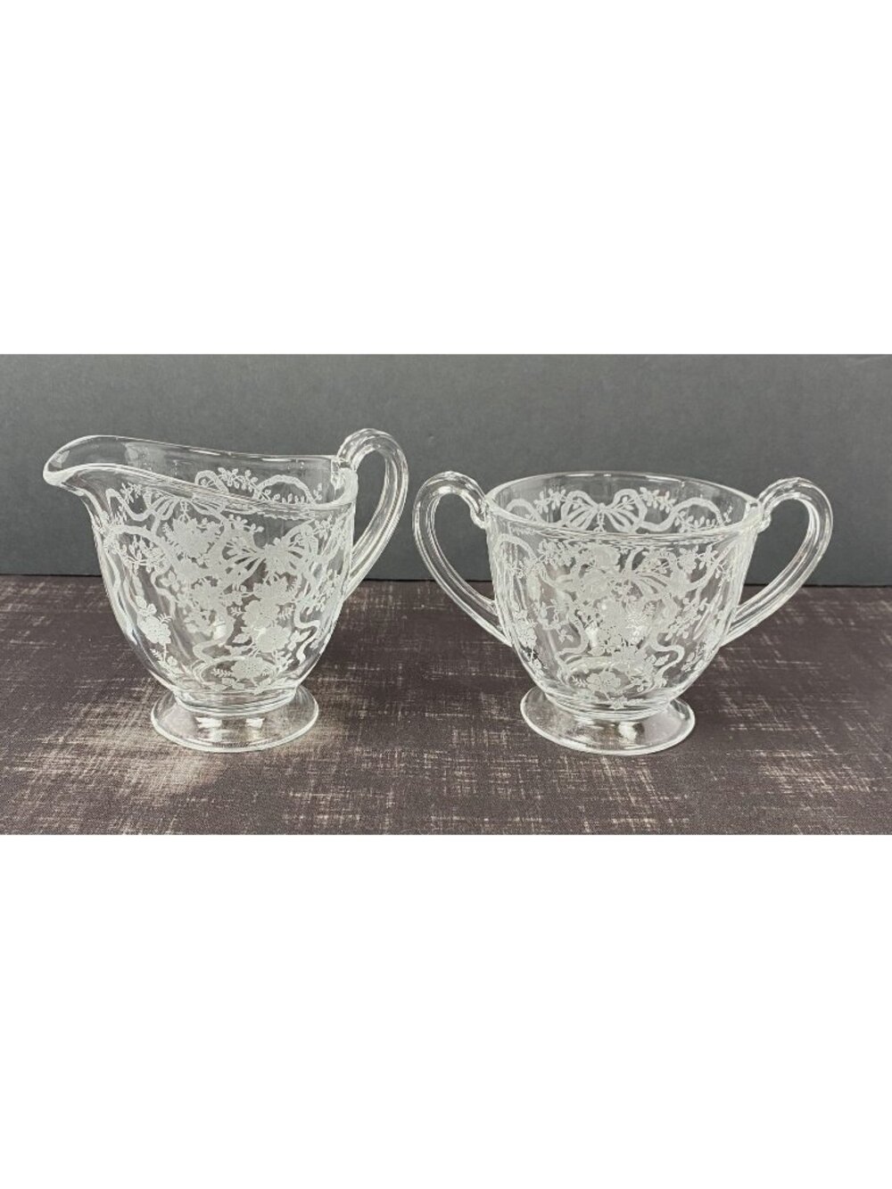 VTG 1940s Fostoria Romance Crystal Creamer Sugar Bowl Set Floral & Ribbon Etched